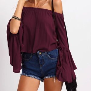 Off-the-shoulder long fluted sleeve top